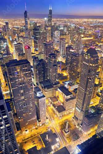 Chicago. Aerial view of Chicago downtown at twilight from high above.