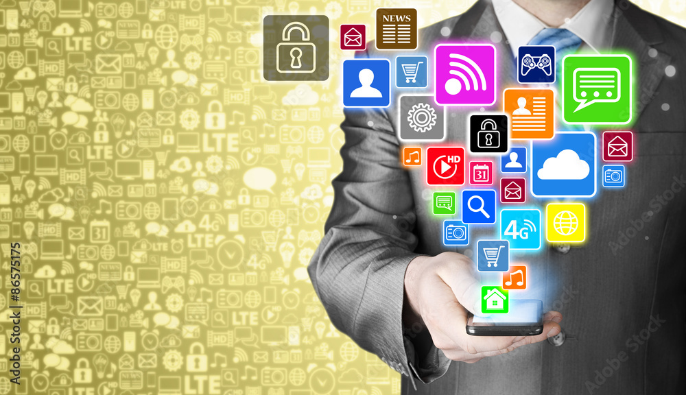 Business man using smart phone with social media icon set Business man using smart phone with social media icon set