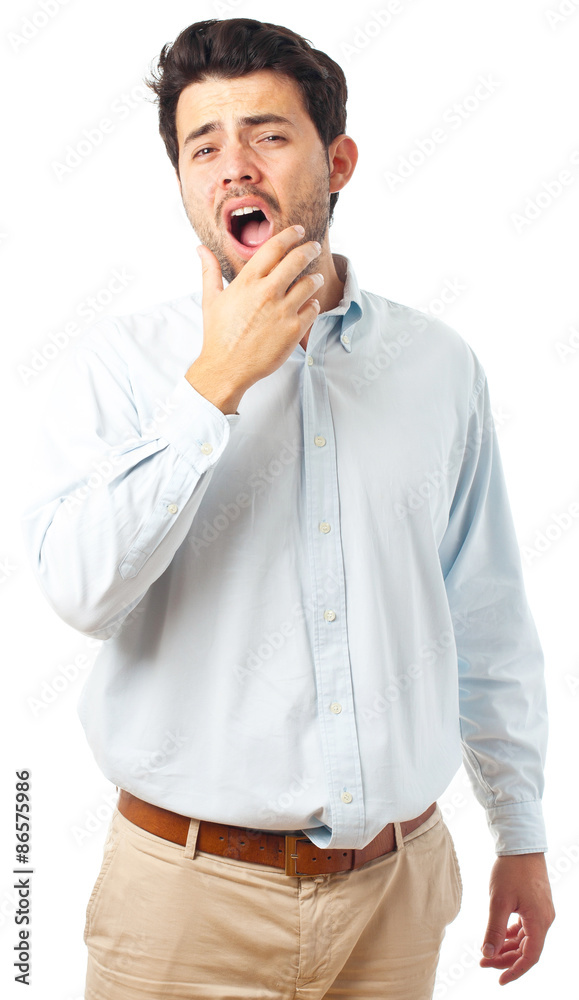 tired man with yawn gesture on a white background tired man with yawn gesture on a white background