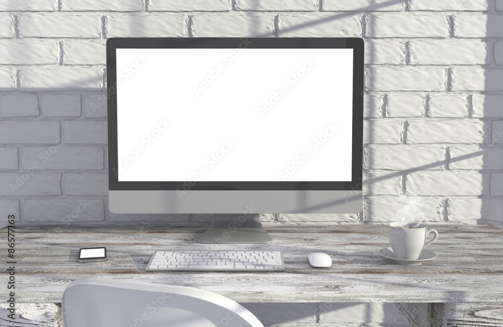 Fototapeta premium 3D illustration PC screen on table in office, Workspace