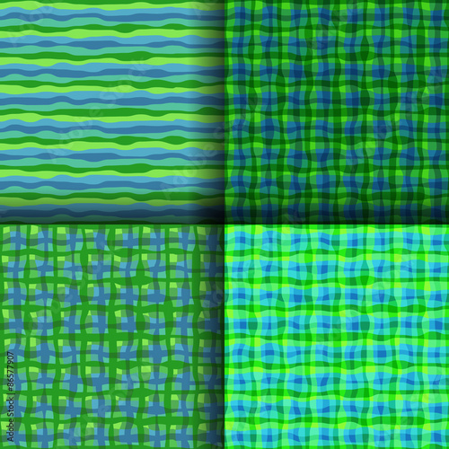Set of four turquoise-green abstract seamless background. A seamless abstract wave background. Three seamless background of abstract wavy grid