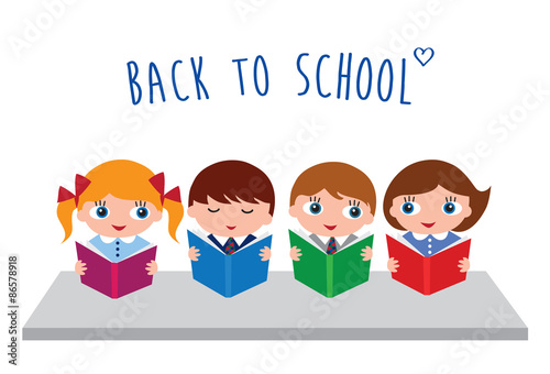 Back to school. Schoolchildren with books. School library. Vector illustration.