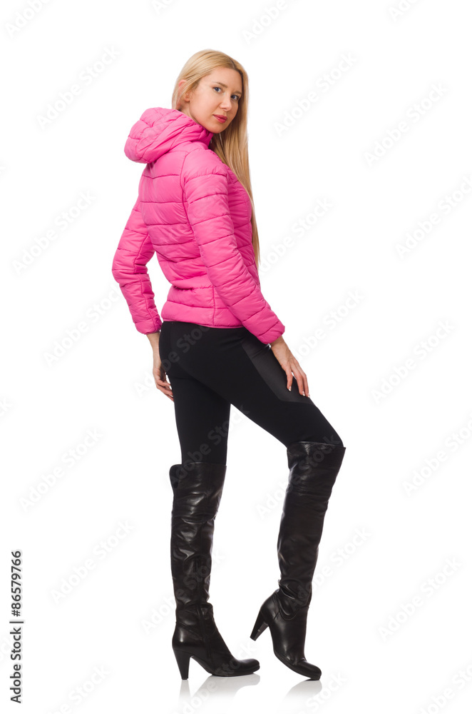 Pretty girl in winter pink jacket isolated on white Pretty girl in winter pink jacket isolated on white