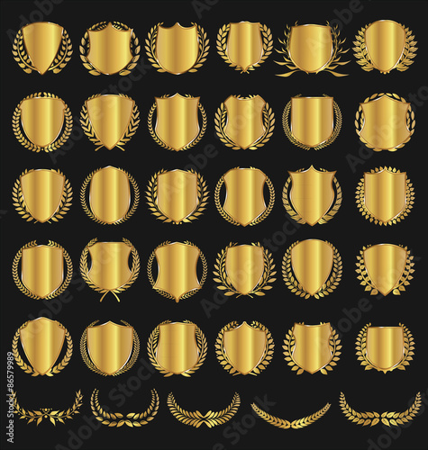 Vector medieval shields and laurel wreaths collection
