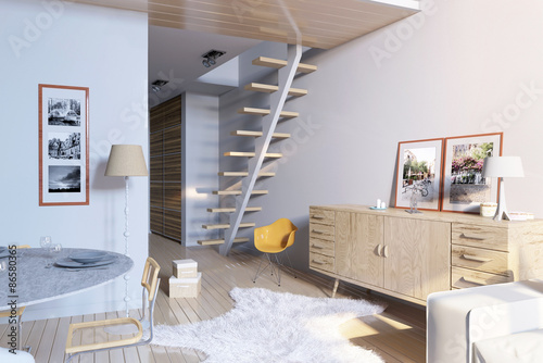 Светлая просторная гостинная с модным креслом