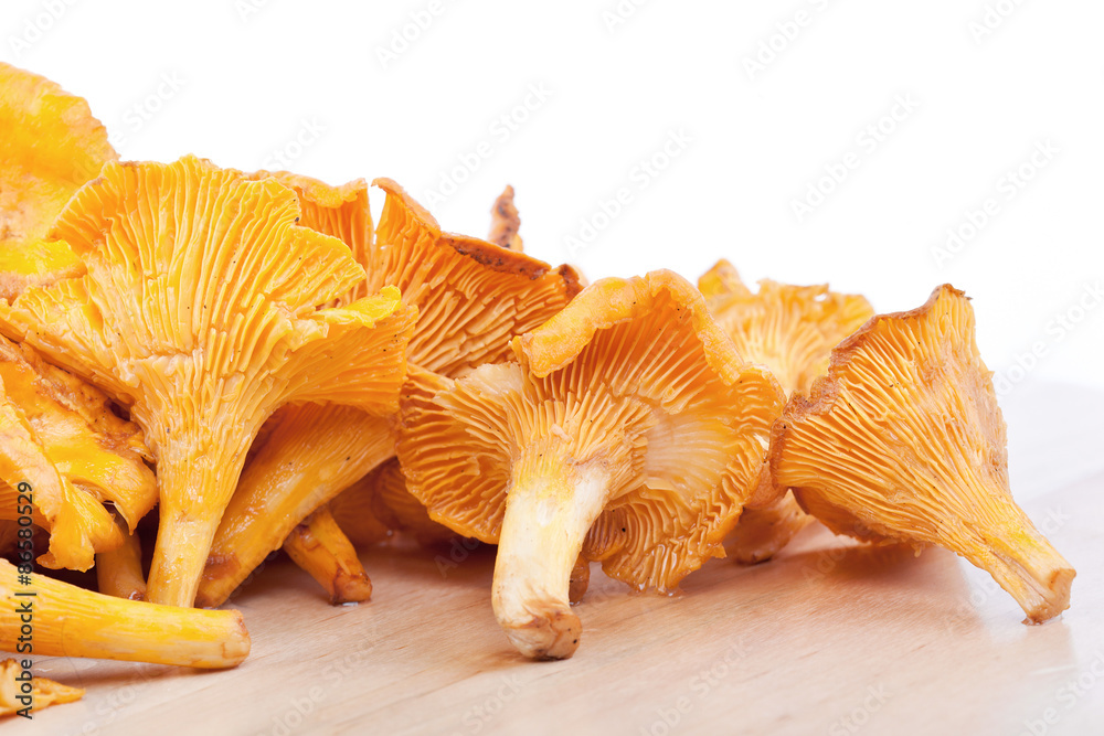 Chanterelles on wooden table Chanterelles on wooden table