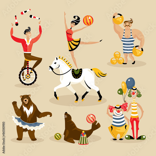 Set of circus characters and animals