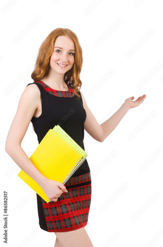 Cute girl in squared dress holding paper isolated on white Cute girl in squared dress holding paper isolated on white