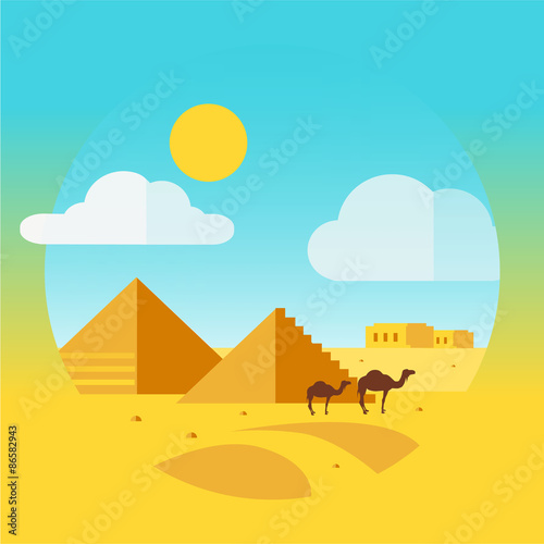 Flat Design Landscape with Camel and Egyptian Pyramids