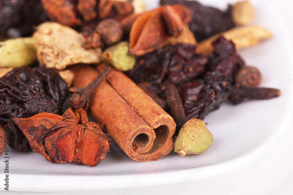 Fototapeta premium Ingredients for preparation mulled wine on plate