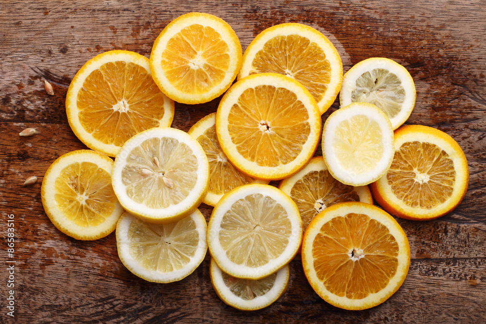 stack of citrus fruits slices. Oranges and lemons. stack of citrus fruits slices. Oranges and lemons.