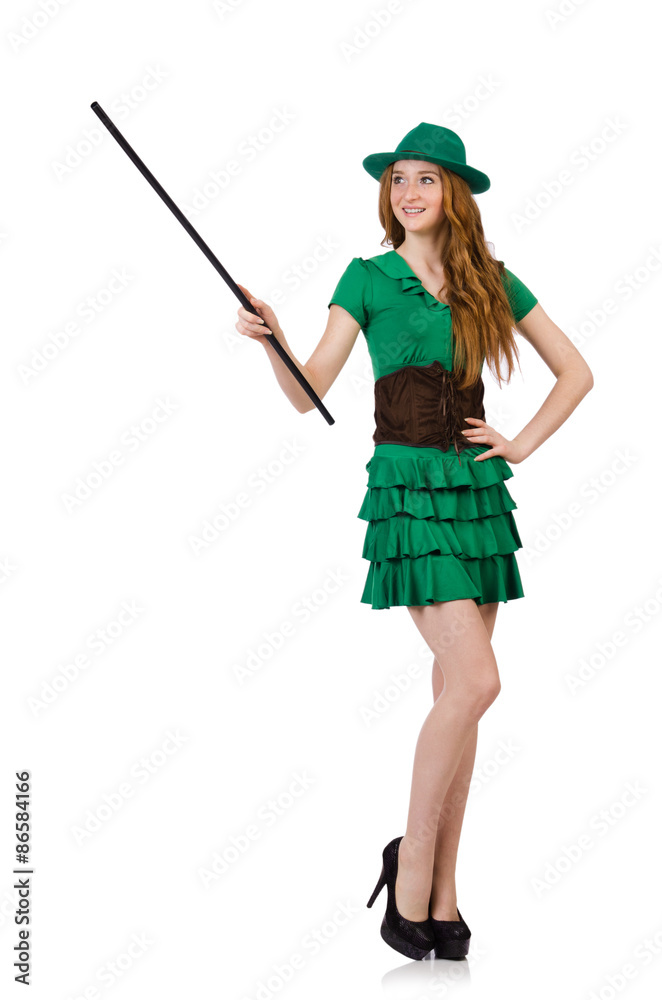 Cute girl with walking sitck isolated on white