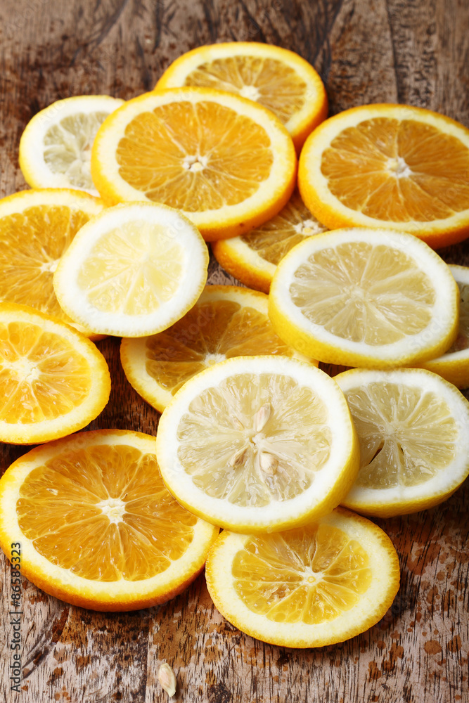 stack of citrus fruits slices. Oranges and lemons. stack of citrus fruits slices. Oranges and lemons.
