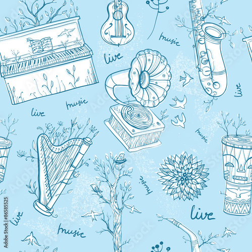 Seamless pattern with musical instruments, trees, birds. 