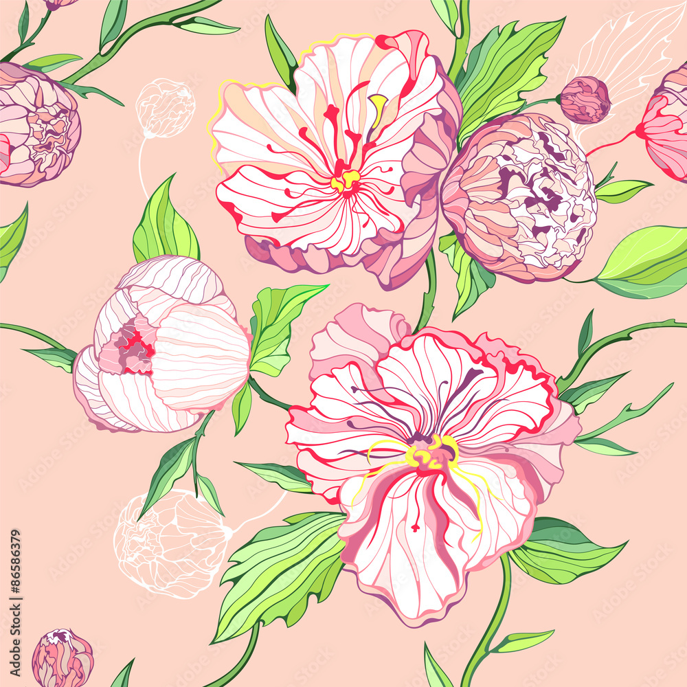 Vector seamless pink background with peony flowers Vector seamless pink background with peony flowers
