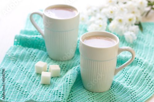 Cup of cocoa and sugar on the mint background