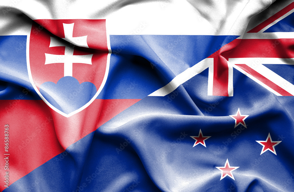Fototapeta premium Waving flag of New Zealand and Slovak
