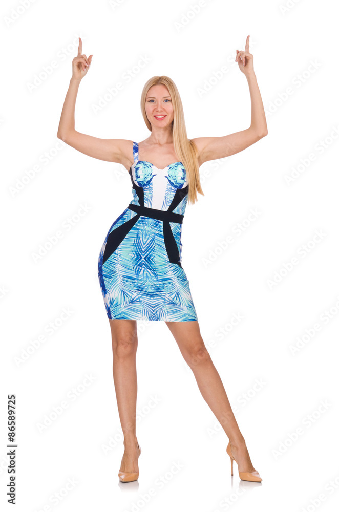 Blond hair girl in mini blue dress isolated on white Blond hair girl in mini blue dress isolated on white