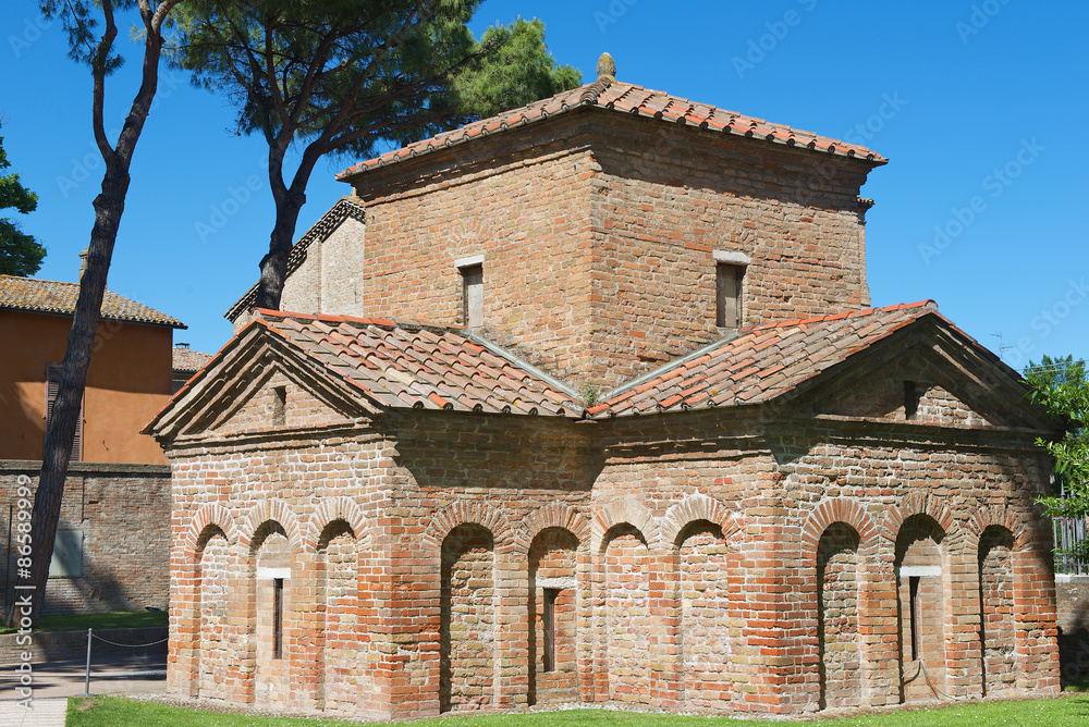 Exterior of the Mausoleum of Galla Placidia in Ravenna, Italy.