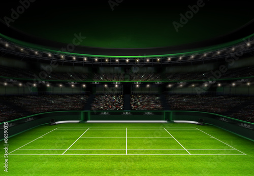 green grass tennis stadium with evening sky © LeArchitecto