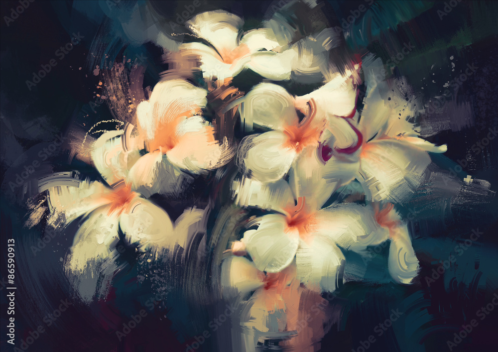 Obraz malarstwo przedstawiające piękne białe kwiaty w ciemnym tle
