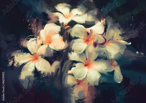 Obraz na płótnie malarstwo przedstawiające piękne białe kwiaty w ciemnym tle
