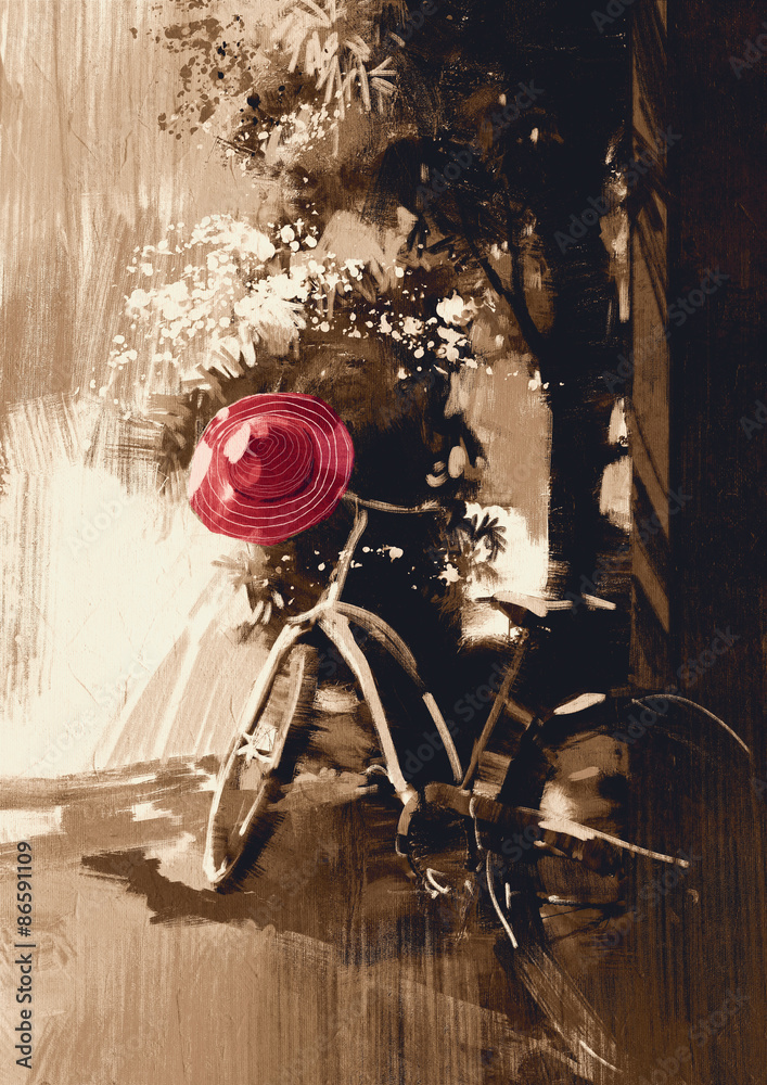 Fototapeta premium vintage bicycle and red hat on summer day.digital painting