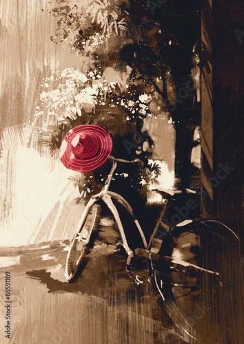 Obraz na płótnie vintage rower i czerwony kapelusz na letni dzień. Obraz cyfrowy