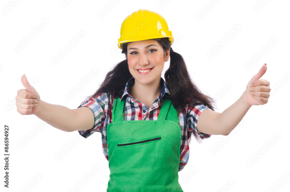 Female workman in green overalls isolated on white Female workman in green overalls isolated on white