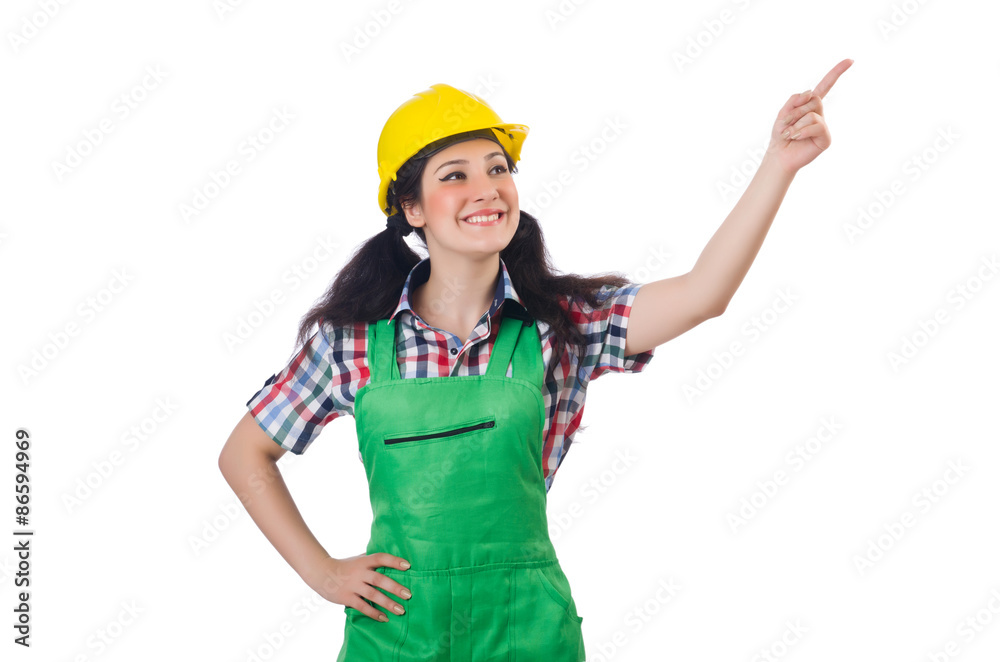 Female workman in green overalls isolated on white Female workman in green overalls isolated on white