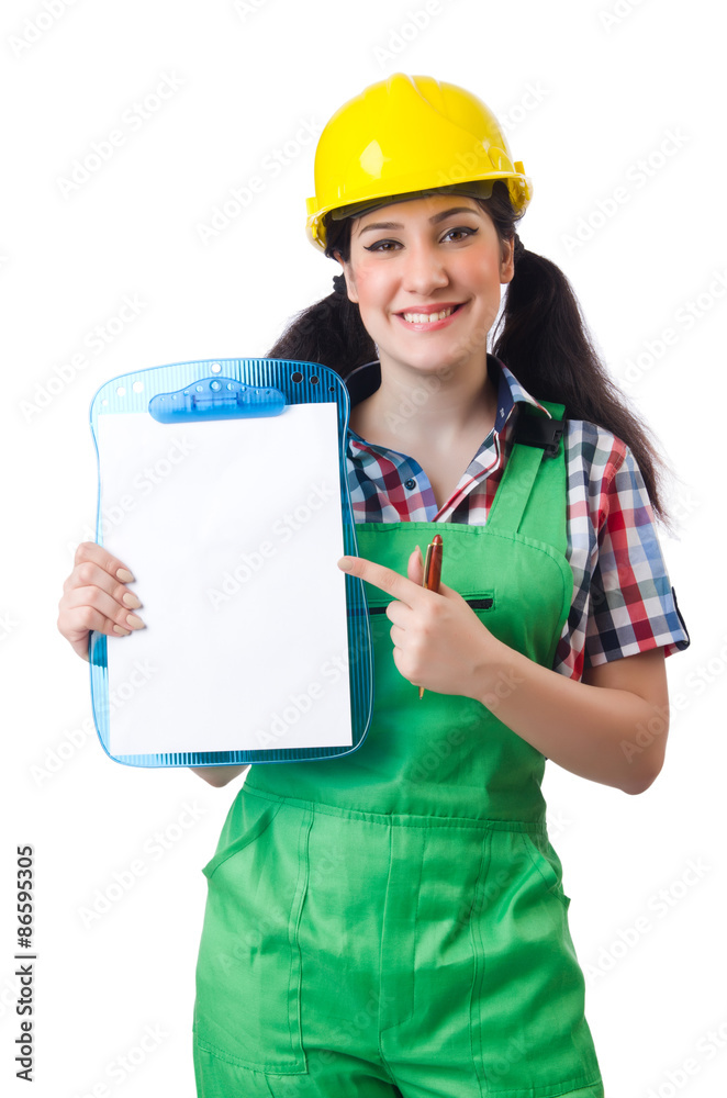 Female workman in green overalls isolated on white Female workman in green overalls isolated on white