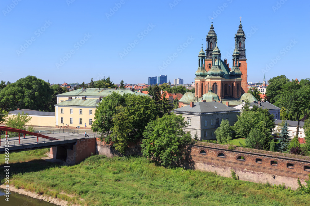 Naklejka premium Poznan - view from the vantage point on the terrace of Interactive History Centre of Cathedral Island ( polish: Ostrow Tumski) in Poznan. 