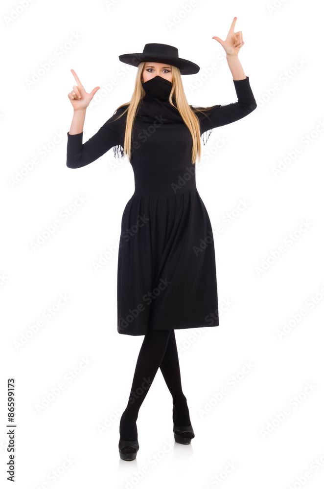 Woman in long black dress isolated on white Woman in long black dress isolated on white