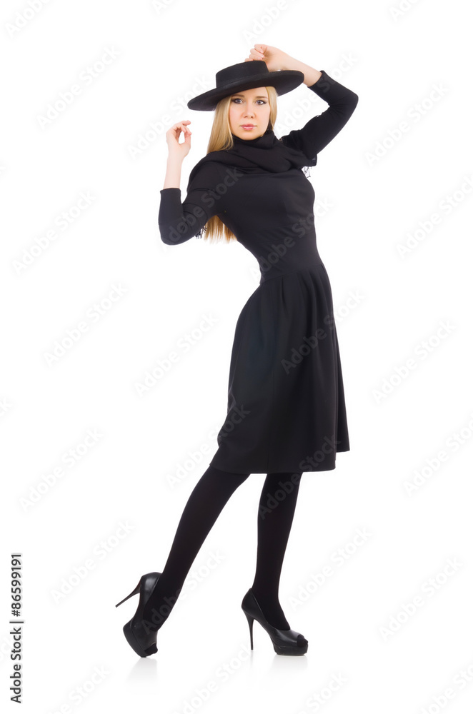 Woman in long black dress isolated on white Woman in long black dress isolated on white