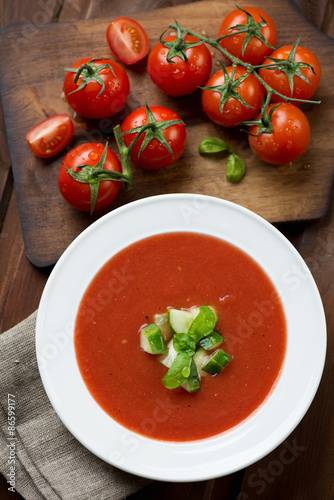 Top view of freshly made gazpacho soup, selective focus