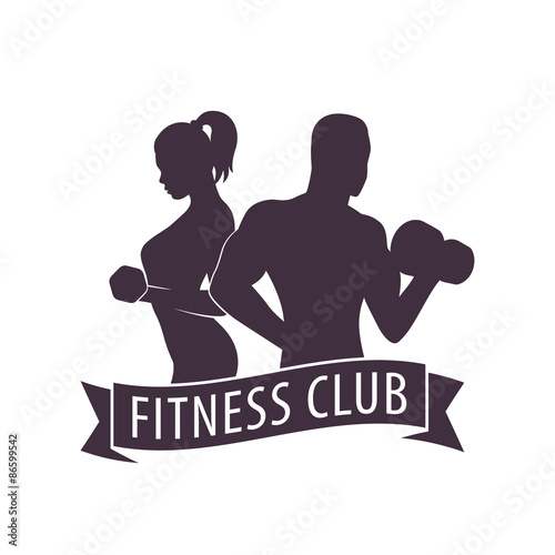 Fitness Club Logo with posing athletic girl and man, with ribbon