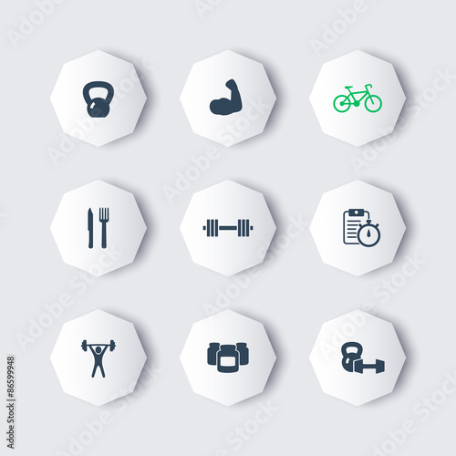 fitness, sport, gym octagon modern icons with shadows, vector illustration, eps10