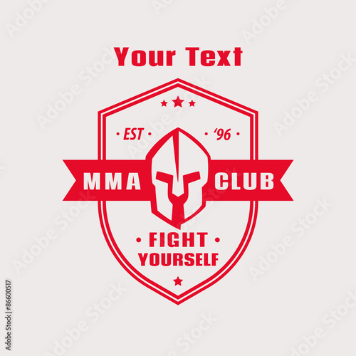 MMA Club vintage red emblem with spartan helmet on shield, vector illustration, eps10