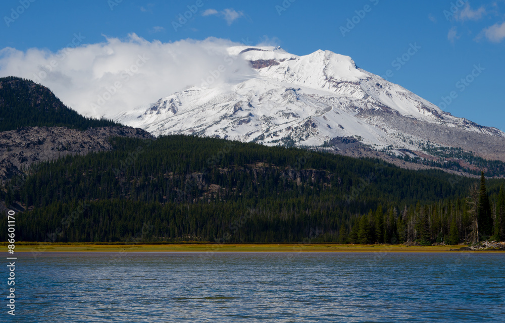 Snow-covered mountain and blue lake