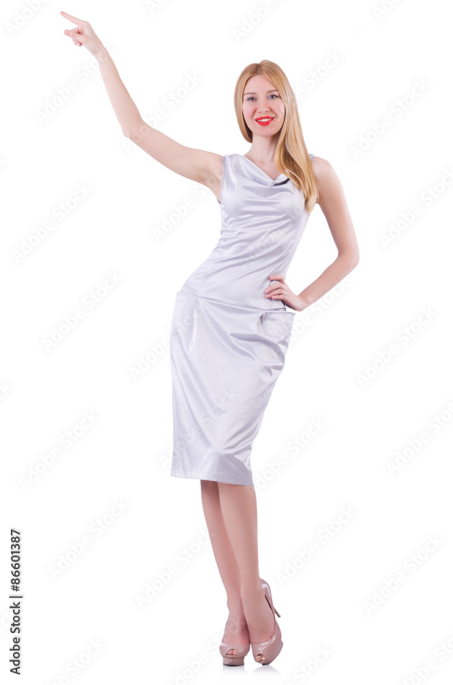Beautiful blond in elegant dress isolated on white Beautiful blond in elegant dress isolated on white