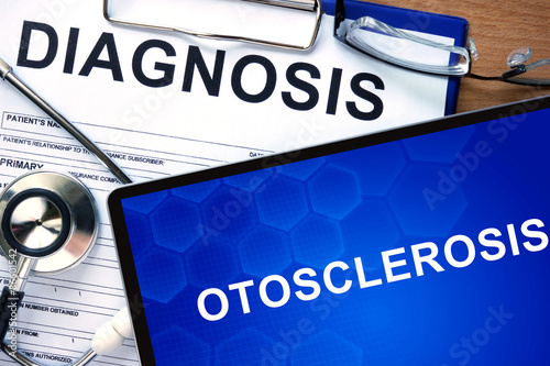 Diagnostic form with diagnosis Otosclerosis and pills. photo