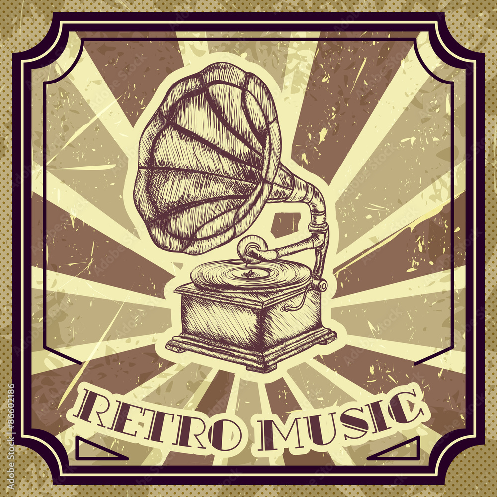 Fototapeta premium Poster with vintage gramophone. Retro hand drawn vector illustration label 