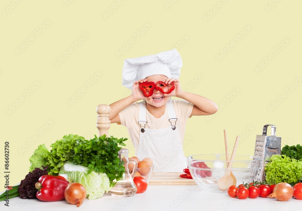 Kitchen, kid, chef. Kitchen, kid, chef.