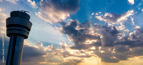 Airport control tower at dramatic sunset in Sofia, Bulgaria