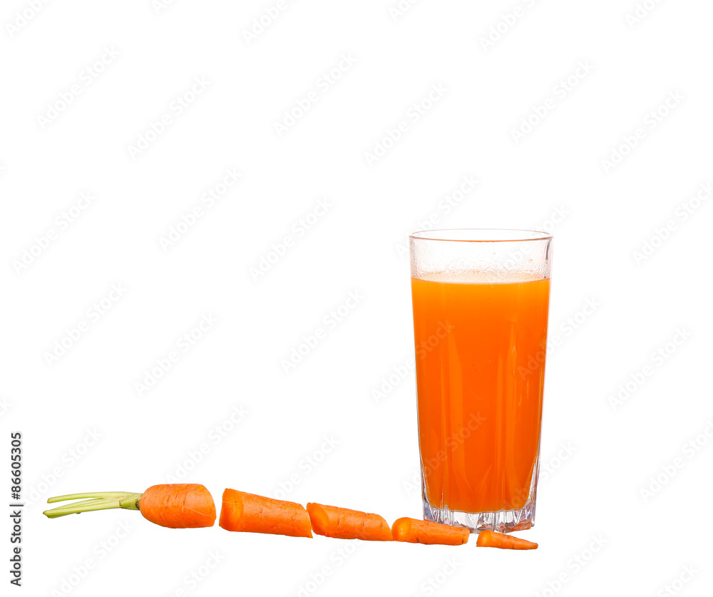 Carrot juice and slices of carrot isolated on white Carrot juice and slices of carrot isolated on white
