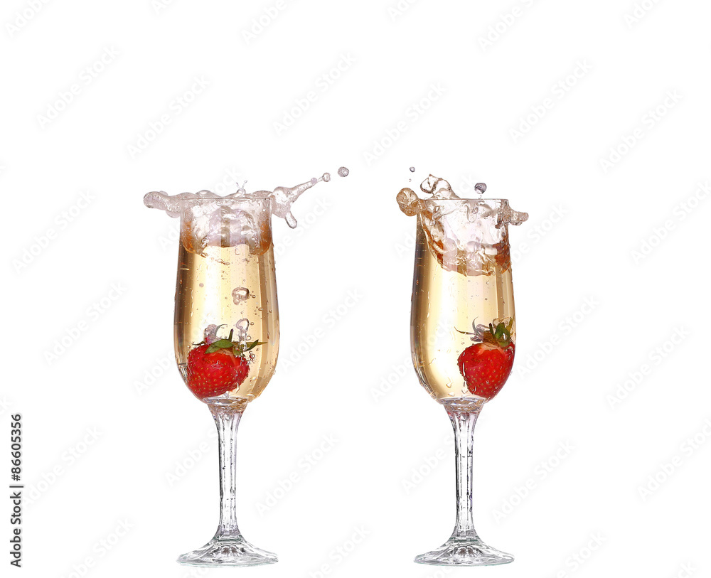 collage Single Strawberry splashing into a glass of champagne