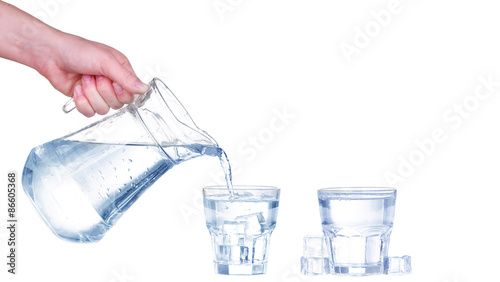 collage Pouring water from glass pitcher on white background