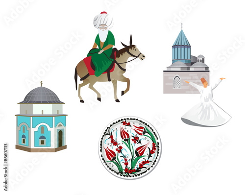 Iconic symbols of Anatolian Culture. Isolated vector illustrations of Nasreddin Hodja, Mevlana Museum, Iznik Tile Plate and Green Mosque.