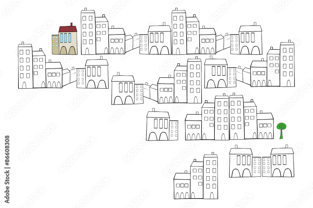 The group of houses, hand drawn outline.