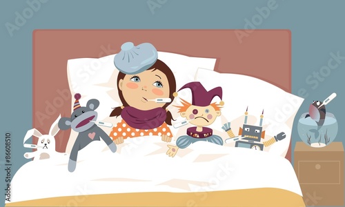 Cute little girl lying in bed with her toys, all have thermometers in their mouth, vector illustration, EPS 8